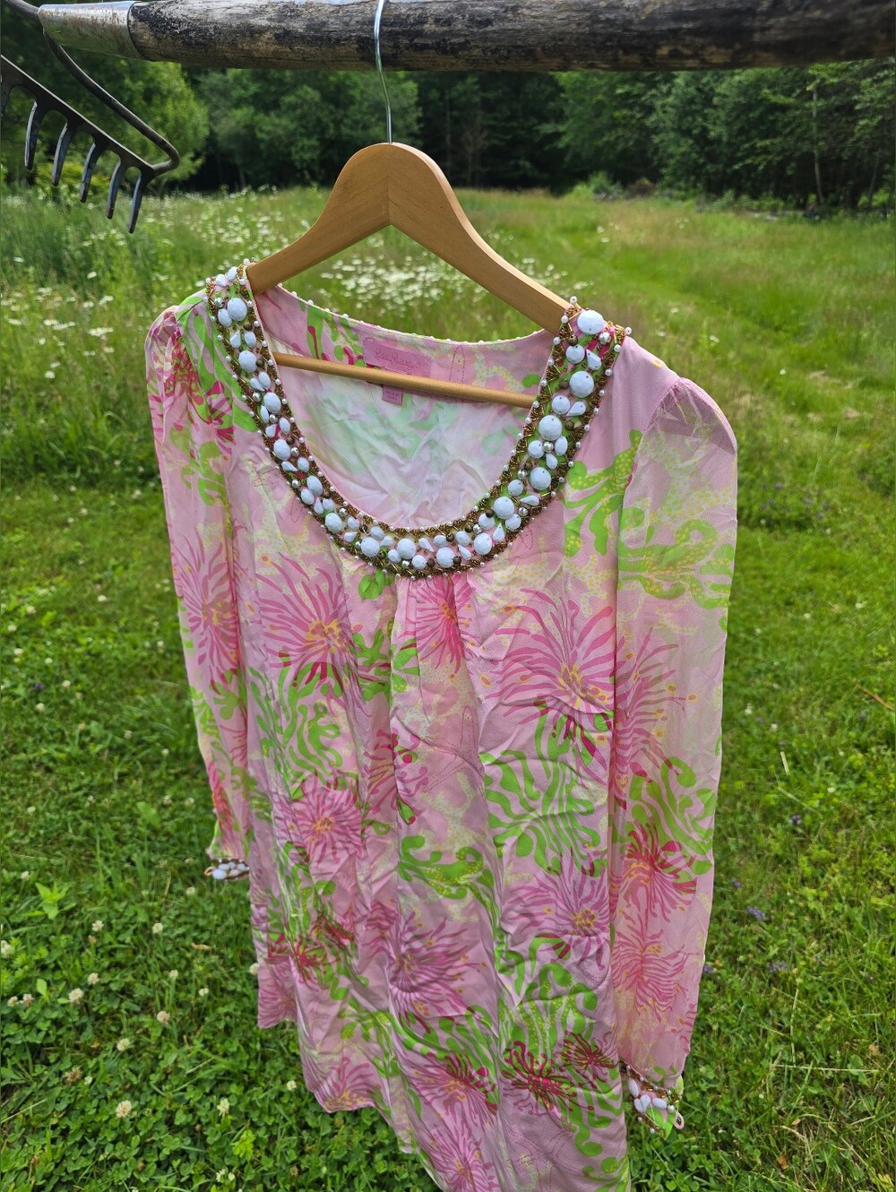 Lilly Pulitzer 100% Silk Chiffon Beaded Shift Dress Pink Floral Sz 2 XS